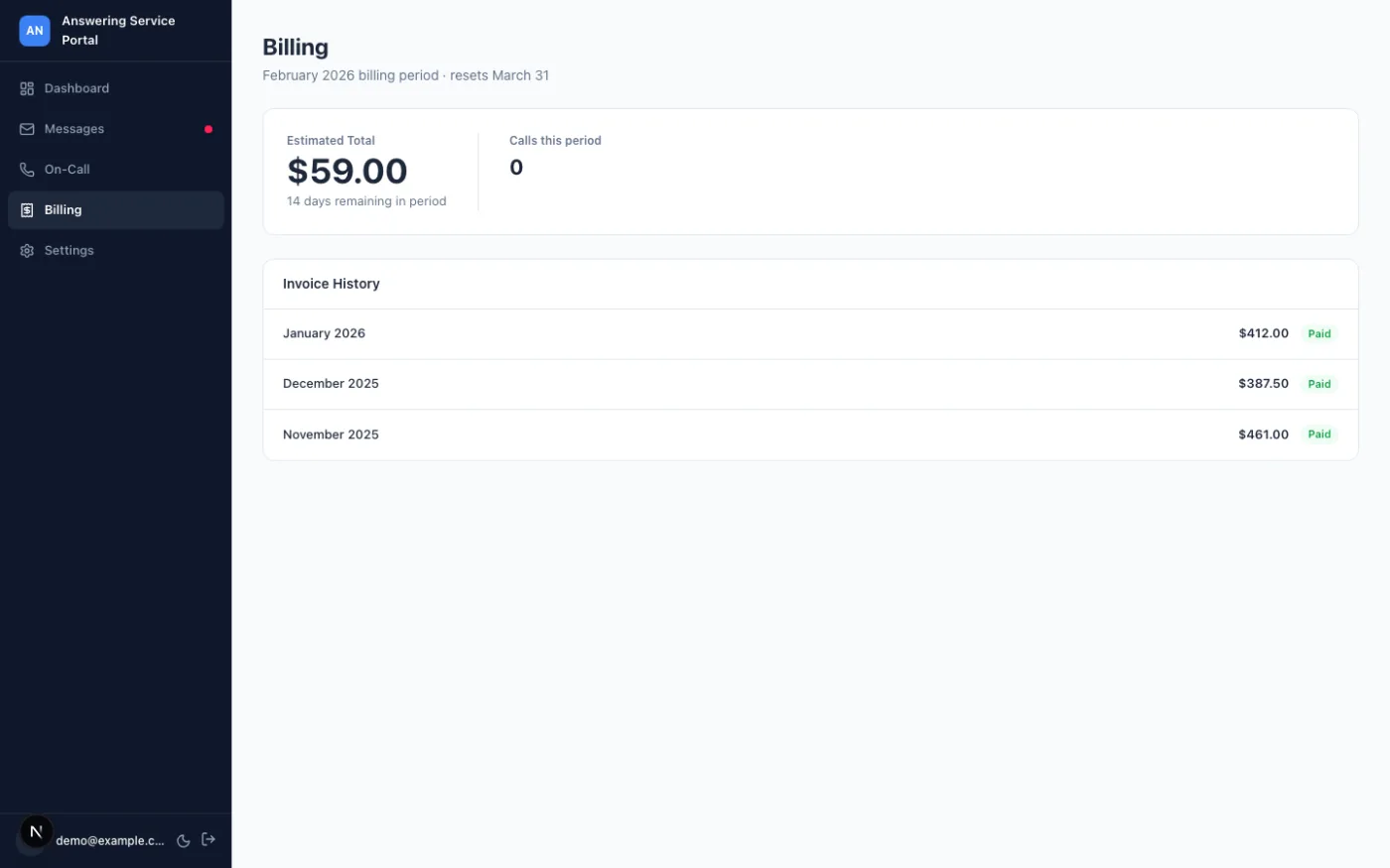 Billing page with the running estimate and invoice history