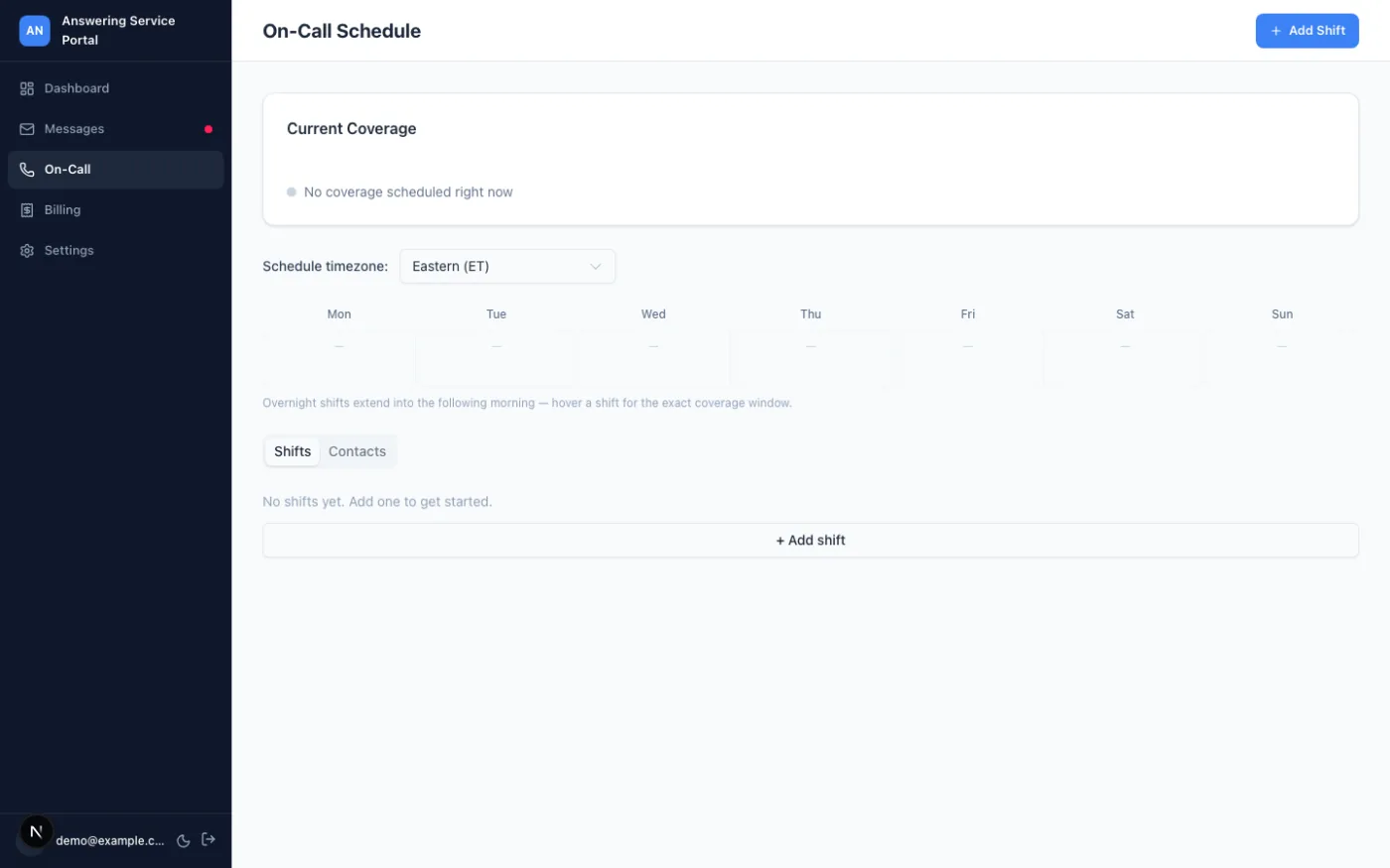 Weekly on-call schedule with shifts and contacts
